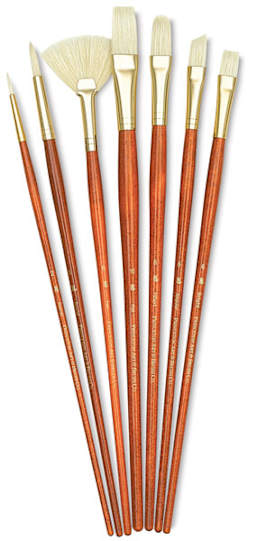 Real Value Bristle Brushes. Long handle. Includes Round 2 and 6, Bright 6, Filbert 8, Fan 6, Flat 10, and Angular 6.