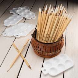 Royal & Langnickel Bamboo Brushes inside a holder (not included) and Palettes laid out