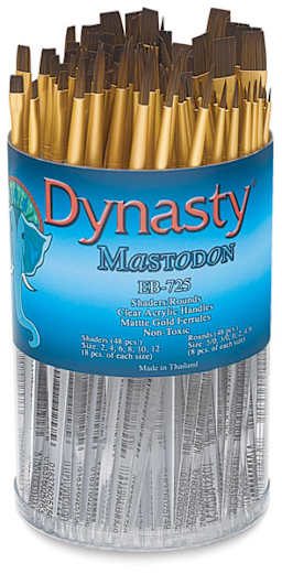 Dynasty Mastodon Synthetic Brush Canister - Front view of package of 48 Round and 48 Shader Brushes