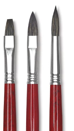 Escoda Black Sable Oil Brushes - Closeup of Bright, Filbert and Round Brushes
