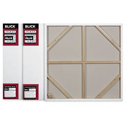 Blick Premier Heavyweight Stretched Cotton Canvas - 48" x 48", 1-3/8" Profile, Pkg of 3 with one showing the back