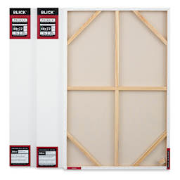 Blick Premier Heavyweight Stretched Cotton Canvas - 48" x 72", 1-3/8" Profile, Pkg of 3 with one canvas showing the back