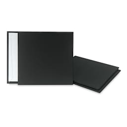 Blick Mini Canvas Panel - Four 4" x 4" Black Canvas panels shown stacked and upright
