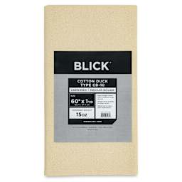 Blick Unprimed Cotton Canvas - Heavyweight Medium-Rough Texture, 60" x 1 yd, close-up of label