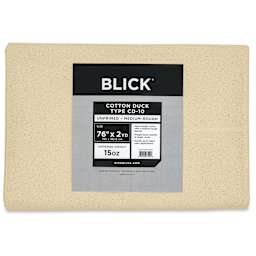 Blick Unprimed Cotton Canvas - Heavyweight Medium-Rough Texture, 76" x 2 yds, close-up of label