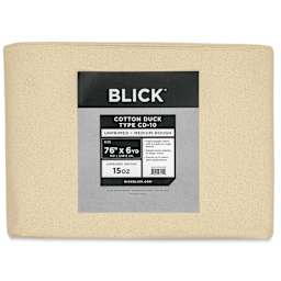 Blick Unprimed Cotton Canvas - Heavyweight Medium-Rough Texture, 76" x 6 yds, close-up of label