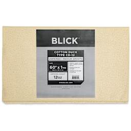 Blick Unprimed Cotton Canvas - Medium Weight, Medium-Smooth Texture, 60" x 1 yd, close-up of label