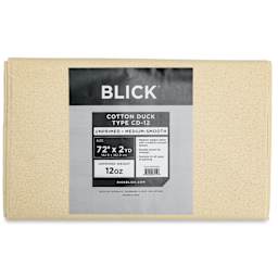 Blick Unprimed Cotton Canvas - Medium Weight, Medium-Smooth Texture,  72" x 2 yds, close-up of label
