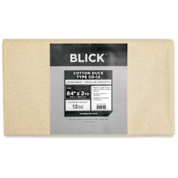 Blick Unprimed Cotton Canvas - Medium Weight, Medium-Smooth Texture, 84" x 2 yds, close-up of label