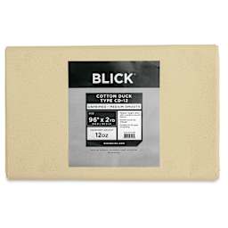 Blick Unprimed Cotton Canvas - Medium Weight, Medium-Smooth Texture, 96" x 2 yds, close-up of label