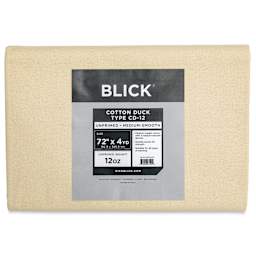 Blick Unprimed Cotton Canvas - Medium Weight, Medium-Smooth Texture, 72" x 4 yds, close-up of label