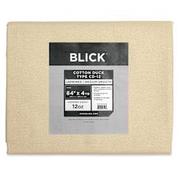Blick Unprimed Cotton Canvas - Medium Weight, Medium-Smooth Texture, 84" x 4 yds, close-up of label