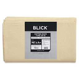 Blick Unprimed Cotton Canvas - Medium Weight, Medium-Smooth Texture, 96" x 4 yds, close-up of label