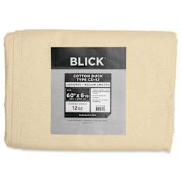 Blick Unprimed Cotton Canvas - Medium Weight, Medium-Smooth Texture,  60" x 6 yds, close-up of label