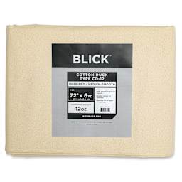 Blick Unprimed Cotton Canvas - Medium Weight, Medium-Smooth Texture, 72" x 6 yds, close-up of label