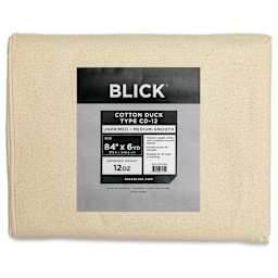 Blick Unprimed Cotton Canvas - Medium Weight, Medium-Smooth Texture, 84" x 6 yds, close-up of label