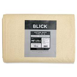Blick Unprimed Cotton Canvas - Medium Weight, Medium-Smooth Texture, 96" x 6 yds, close-up of label
