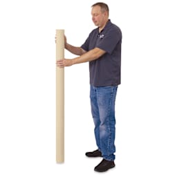 Blick Unprimed Cotton Canvas - Medium Weight, Medium-Smooth Texture, 60" x 10 yds, man standing next to roll