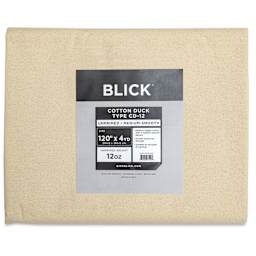 Blick Unprimed Cotton Canvas - Medium Weight, Medium-Smooth Texture, 120" x 4 yds, close-up of label