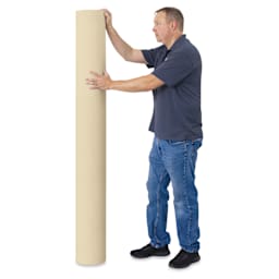Blick Unprimed Cotton Canvas - Medium Weight, Medium-Smooth Texture, 72" x 50 yds, man standing next to roll