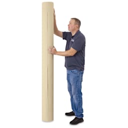 Blick Unprimed Cotton Canvas - Medium Weight, Medium-Smooth Texture, 84" x 50 yds, man standing next to canvas