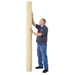 Blick Unprimed Cotton Canvas - Medium Weight, Medium-Smooth Texture, 96" x 50 yds, man standing next to canvas