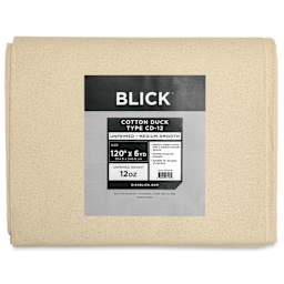 Blick Unprimed Cotton Canvas - Medium Weight, Medium-Smooth Texture, 120" x 6 yds, close-up of label