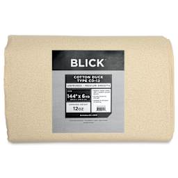 Blick Unprimed Cotton Canvas - Medium Weight, Medium-Smooth Texture, 144" x 6 yds, close-up of label