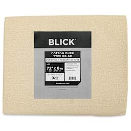 Blick Unprimed Cotton Canvas - Lightweight, Medium Texture, 72" x 6 yds, close-up of label