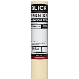 Blick Acrylic Primed Cotton Canvas - Lightweight, 54" x 100 yd, Acrylic Primed, by the Roll, close-up of packaging label