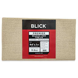 Blick Unprimed Belgian Linen Canvas - Type 215, Medium Rough, 84" x 1 yd, Folded, close-up of label