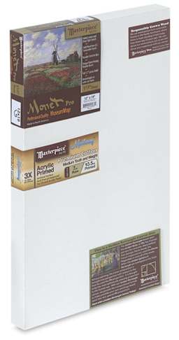 Masterpiece Monterey Cotton Canvas - Angled view of Monet 1 1/2" profile canvas with label