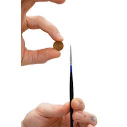 Da Vinci Micro Colineo Synthetic Kolinsky Sable Brushes - Set of 4, brush held next to penny for comparison