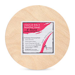 American Easel Cradled Round Birch Painting Panel - 8" Dia. x 7/8" D (Front view with label)