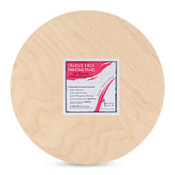 American Easel Cradled Round Birch Painting Panel - 14" Dia. x 7/8" D (Front view with label)