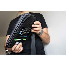 Etchr Nano Satchel - Grey, showing drawing tools inside pencil slots (drawing supplies not included)