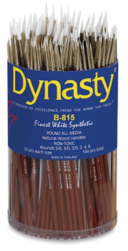 
Finest White Synthetic Round, 144 Brush Assortment Short Handle Outside of Package