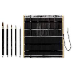 Yasutomo Fusion Synthetic Brushes - Round, Short Handle, Set of 5 with Wrap laid out