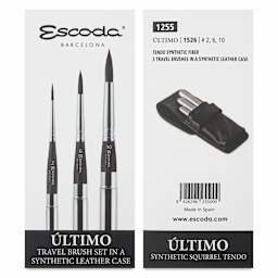Escoda Último Synthetic Squirrel Travel Brushes - Set of 3, Round, front and back of packaging