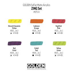 Golden SoFlat Matte Acrylic Paint - Zing, Set of 6, 59 ml, Jar, swatches