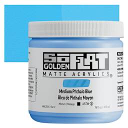 Golden SoFlat Matte Acrylic Paint - Medium Phthalo Blue, 473 ml, Jar and swatch