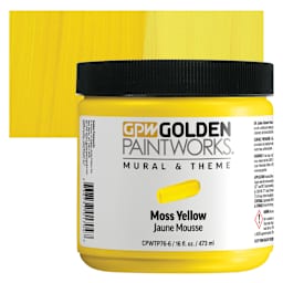 Golden Paintworks Mural and Theme Acrylic Paint - Moss Yellow, 16 oz, Jar and swatch