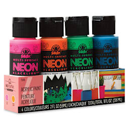 FolkArt Multi-Surface Neon Blacklight Acrylic Paint - Set of 4, Assorted Colors, 2 oz, Bottles (In packaging, Angled view)
