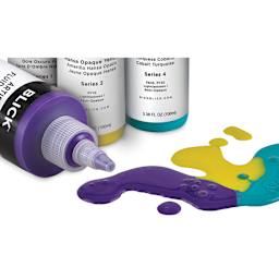 Blick Artists’ Fluid Acrylics Imperfect Packaging, close-up of bottles and paint