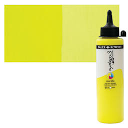 Daler-Rowney System3 Fluid Acrylic - Lemon Yellow, 250 ml bottle and swatch