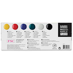 Liquitex Basics Acrylic Fluid Paint - Assorted Colors, Set of 6, 118 ml back of package