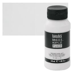Liquitex Basics Acrylic Fluid Paint - Transparent Mixing White, 118 ml bottle and swatch