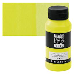 Liquitex Basics Acrylic Fluid Paint - Cadmium Yellow Light Hue, 118 ml bottle and swatch