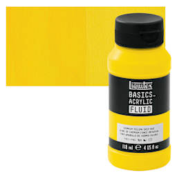 Liquitex Basics Acrylic Fluid Paint - Cadmium Yellow Deep Hue, 118 ml bottle and swatch