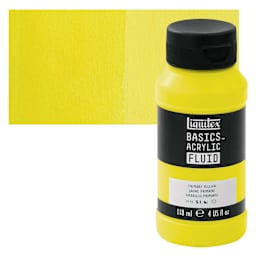 Liquitex Basics Acrylic Fluid Paint - Primary Yellow, 118 ml bottle and swatch
